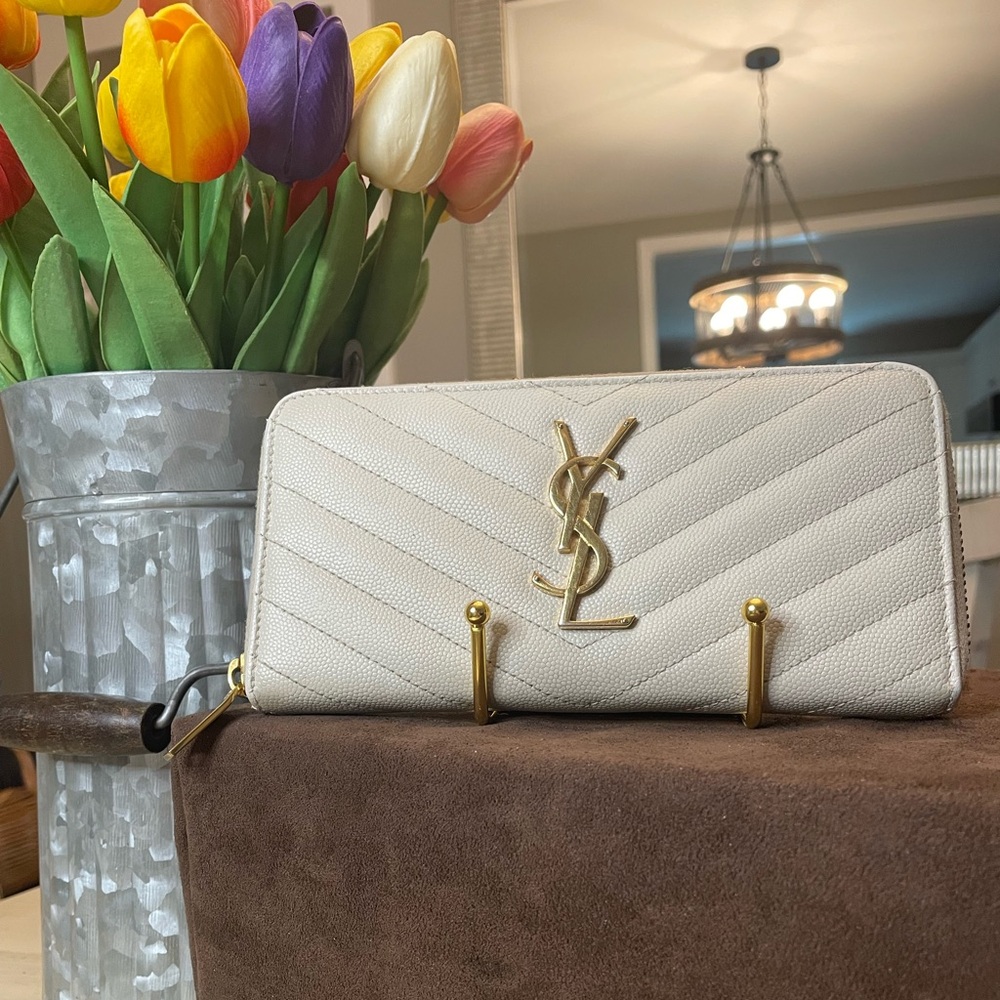 YSL Quilted Chevron Cream Leather Zip Around Wallet